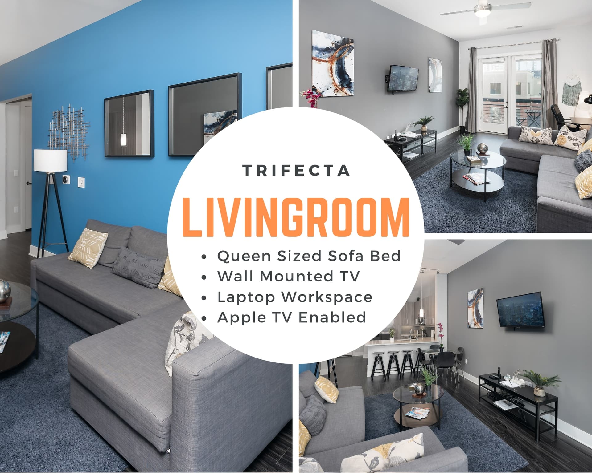 Living room includes convertable sofa bed & tv with fast wifi and cable