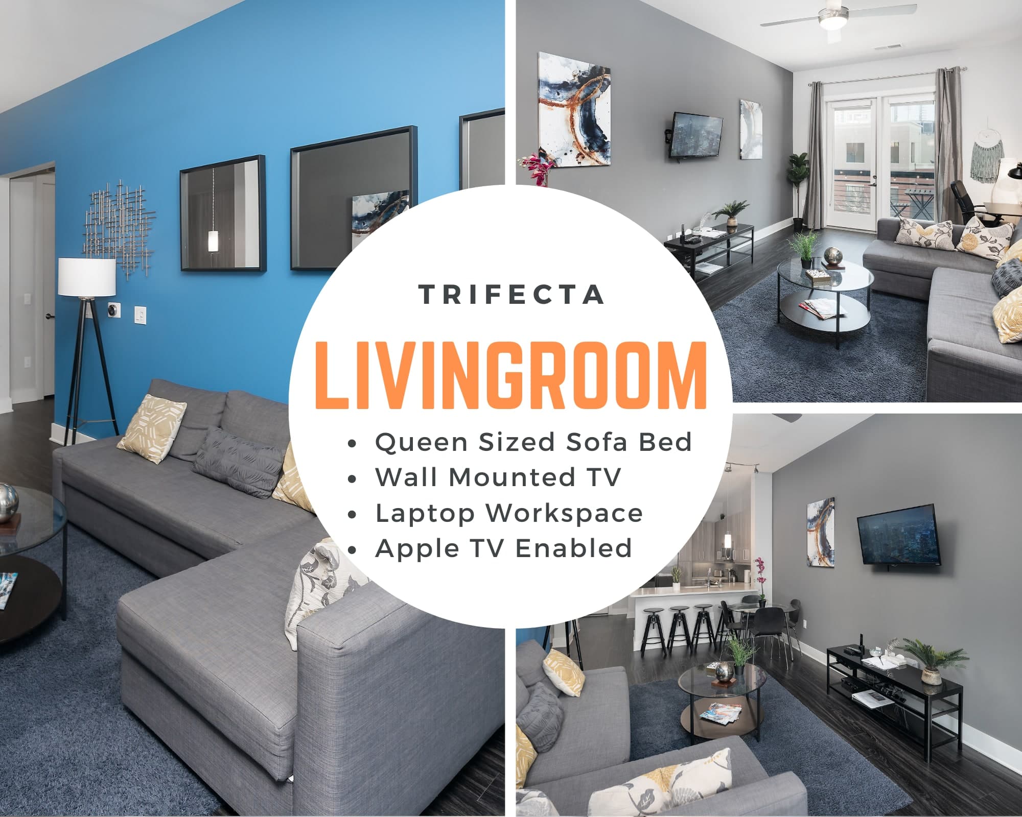 Living room includes convertable sofa bed & tv with fast wifi and cable