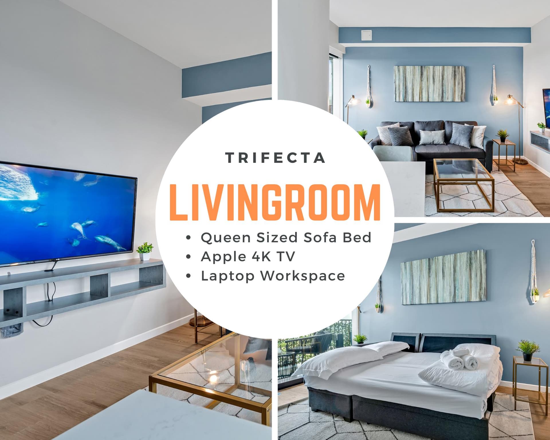 Living room with Apple TV, sofa converts to Queen sofa bed