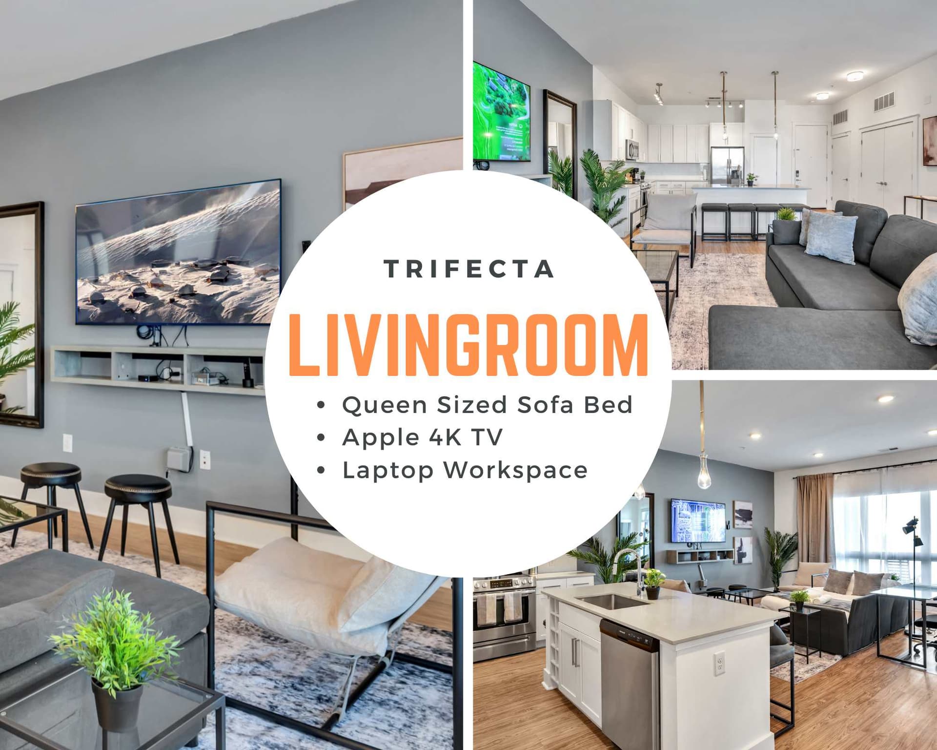 Living room with Apple TV & work desk area