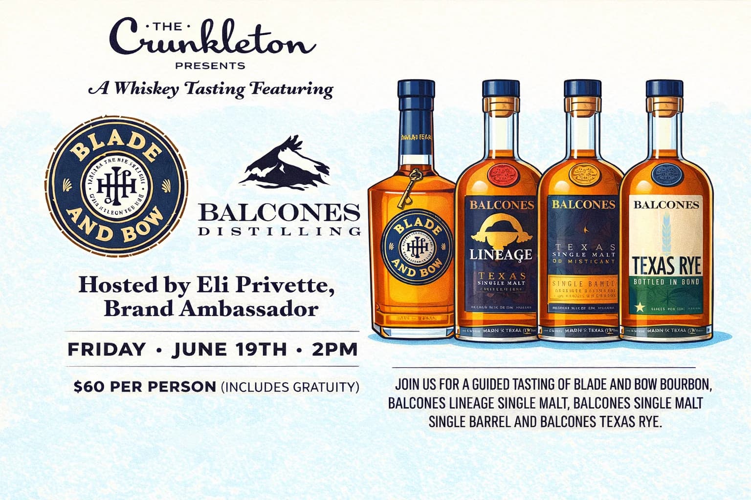 A Whiskey Tasting Featuring Balcones Whiskey & Blade and Bow